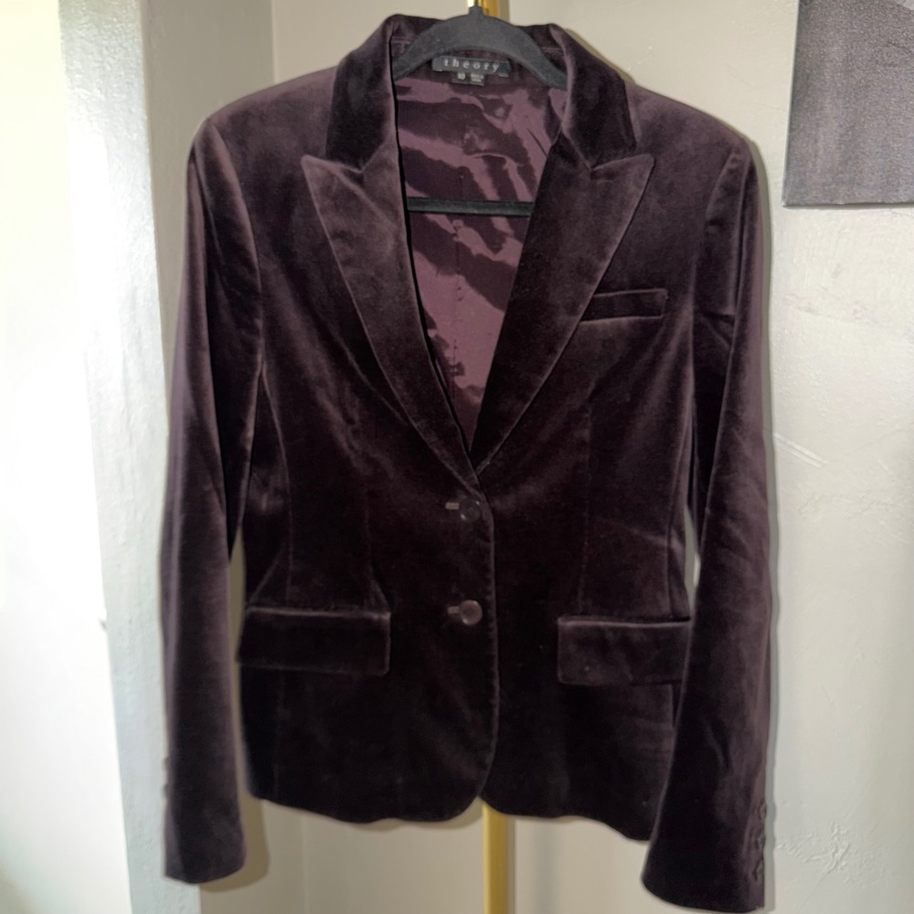 Theory Women Plum Purple Velvet Two Button Tailored Blazer Jacket Sz 10